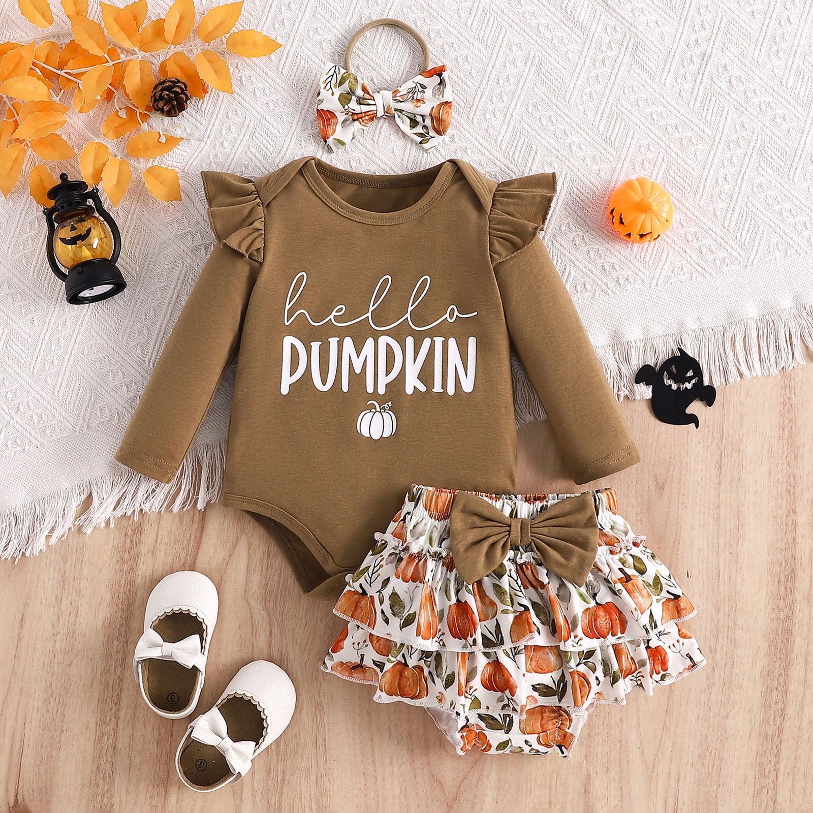 3PCS Hello Pumpkin Letter Printed Long Sleeve Baby Set