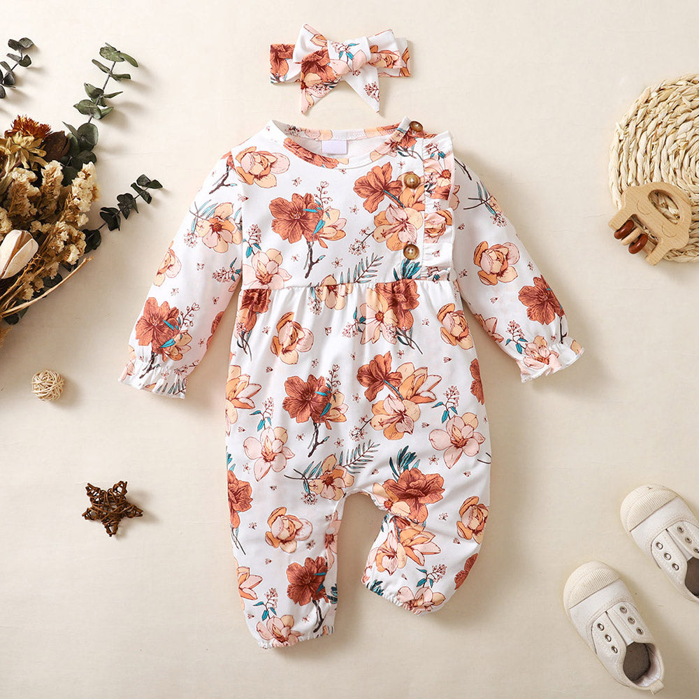 2PCS Allover Floral Printed Long Sleeve Baby Jumpsuit
