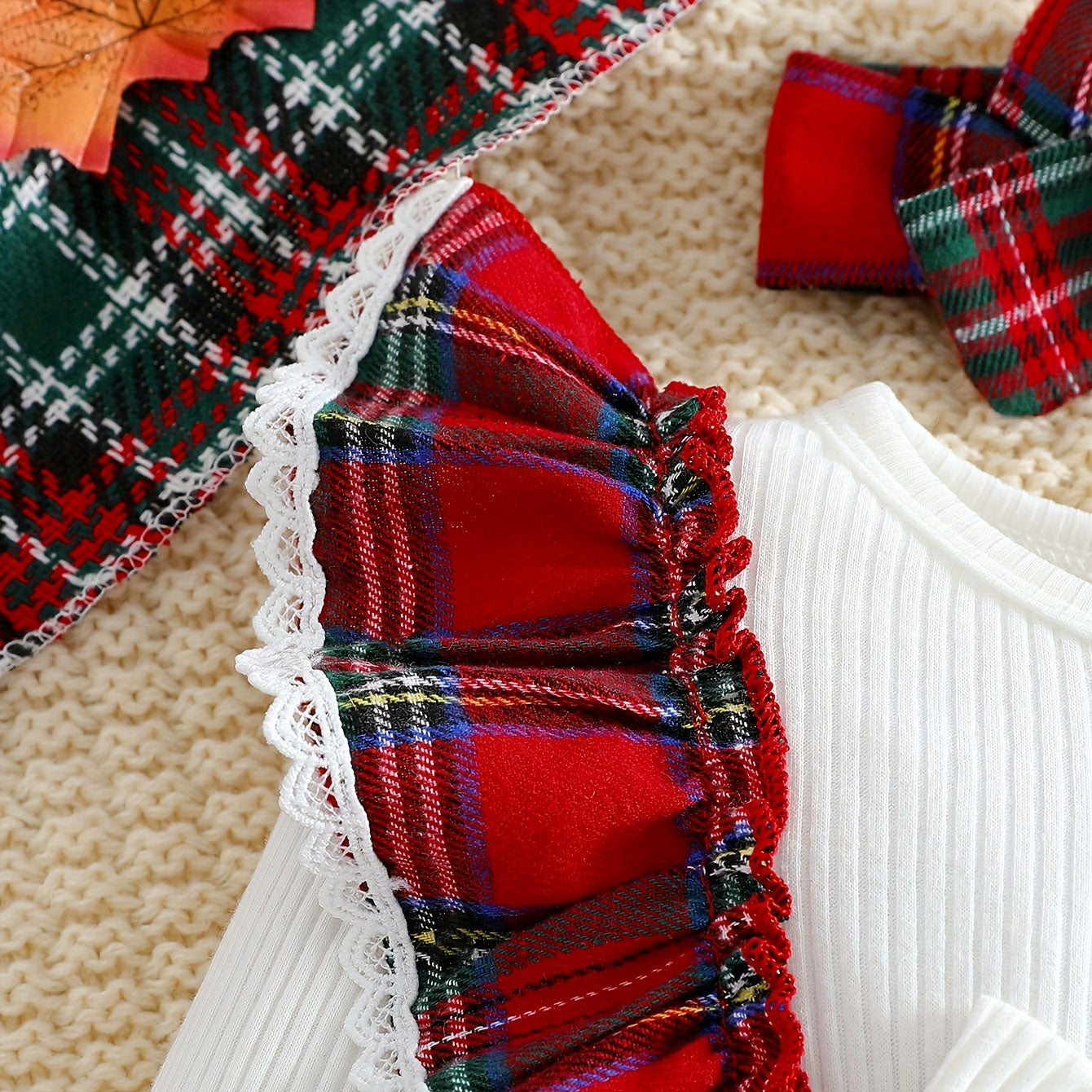 2PCS Christmas Faux-Layered Plaid Printed Long Sleeve Baby Jumpsuit
