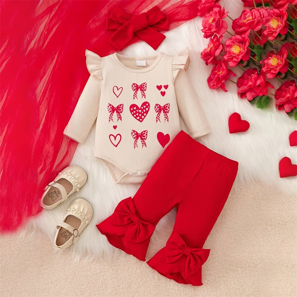 3PCS Cute Casual Bow Print Long Sleeve Baby Set