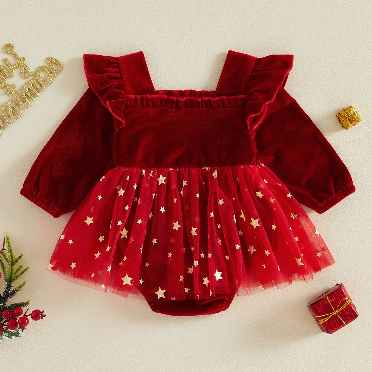 My First Christmas Letter Embroidery Star Printed Velvet Baby Romper