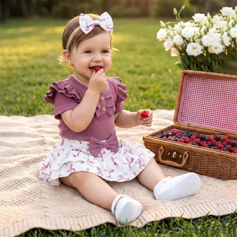3PCS Summer Bow Printed Short Sleeve Baby Set