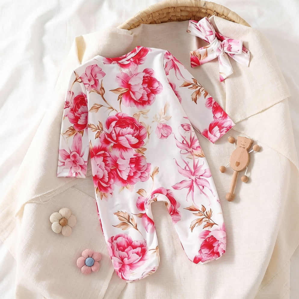 2PCS Gorgeous Floral Printed Long Sleeve Baby Jumpsuit