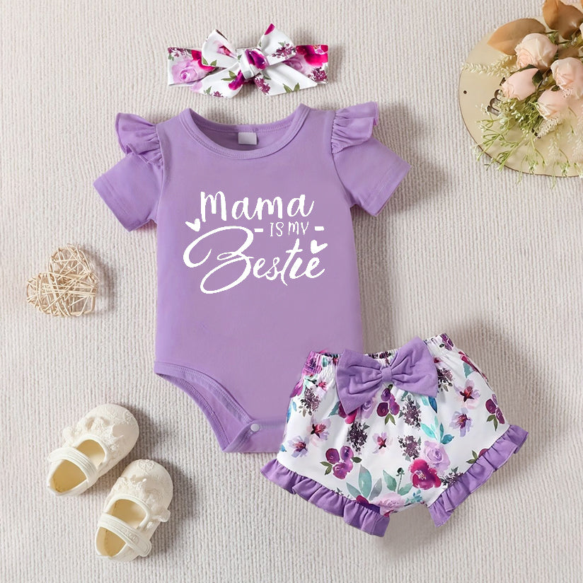 3PCS Letter And Floral Printed Short Sleeve Baby Romper Set