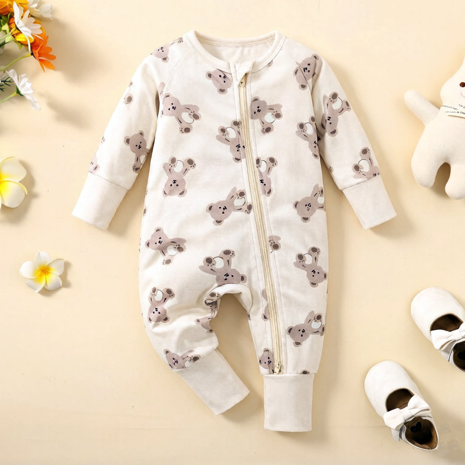 Allover Adorable Bear Printed Long Sleeve Baby Jumpsuit