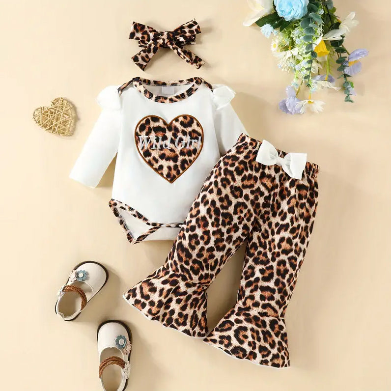 3PCS Wild Girl Letter Heart Leopard Printed Baby Set