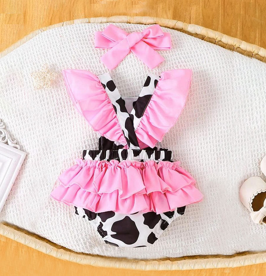 2PCS Cute Cow Printed Fly Sleeve Baby Romper