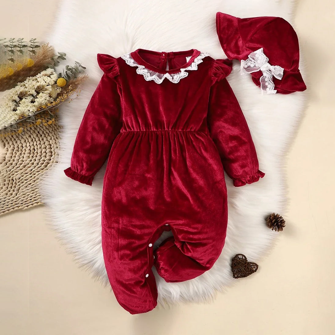 2PCS Christmas Solid Color Lace Collar Long Sleeve Baby Jumpsuit