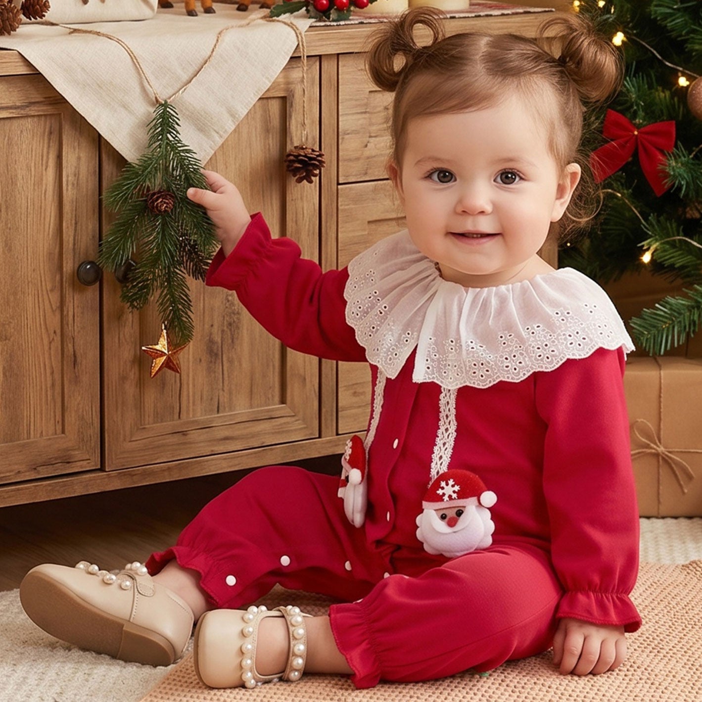 Christmas Santa Claus Appliqué Long Sleeve Baby Jumpsuit