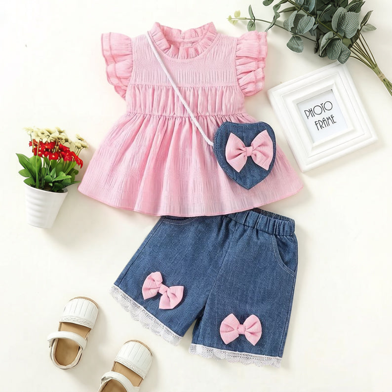 3PCS Chic Color Blocking Denim Flounce Sleeve Baby Set