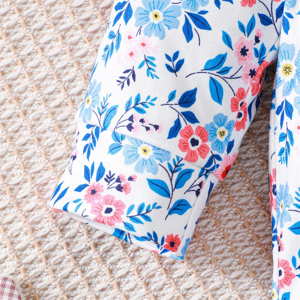 2PCS Trendy Floral Print Bow Long Sleeve Baby Jumpsuit