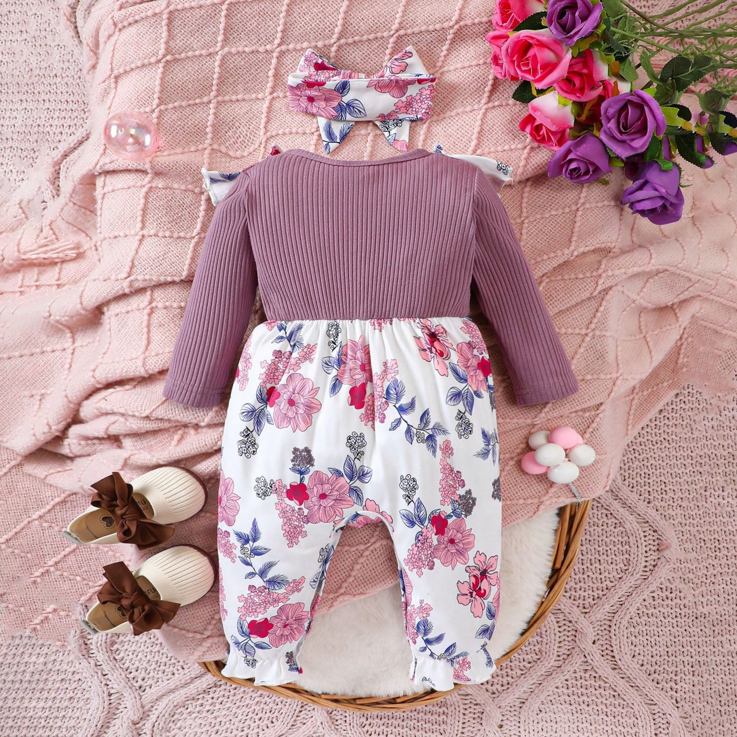 2PCS Floral Print Bow Long Sleeve Baby Girl Jumpsuit