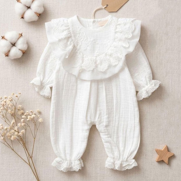 Elegant Solid Color Lace Trim Long Sleeve Baby Jumpsuit