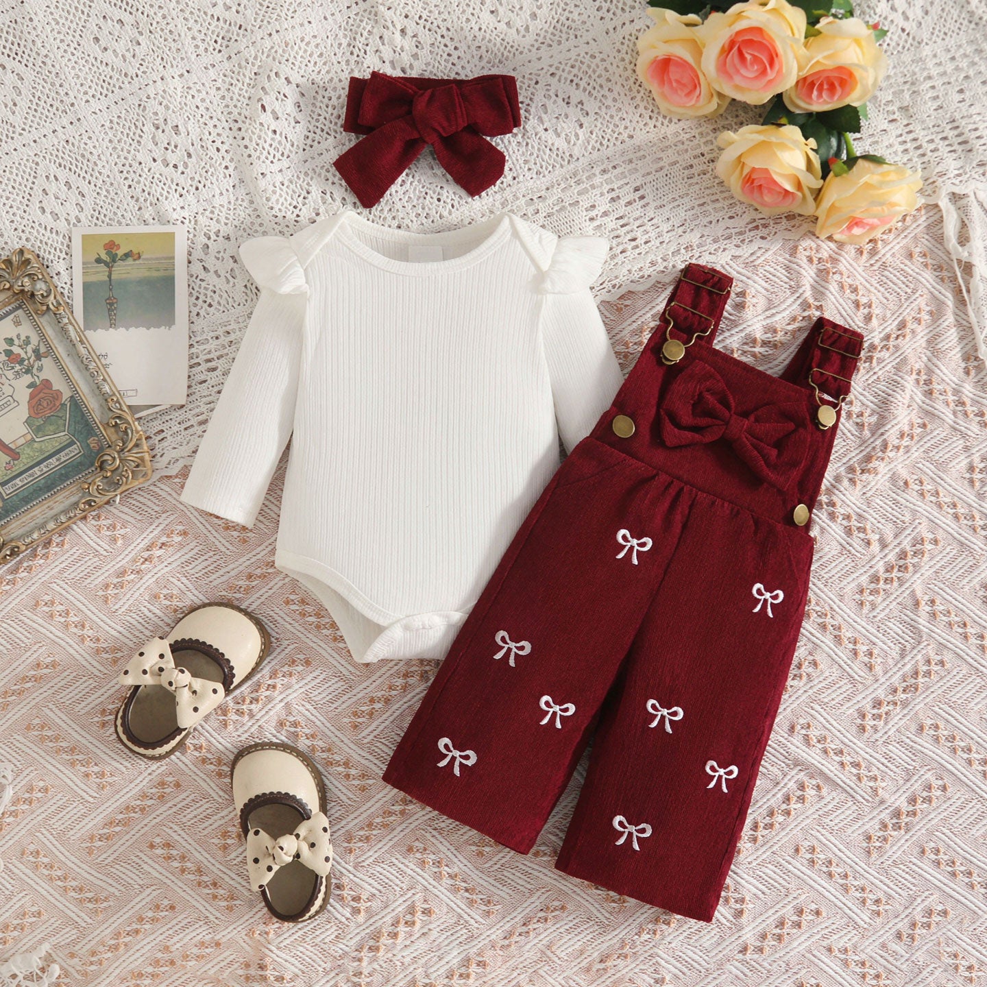3PCS Grace Bow Embroidery Long Sleeve Baby Overalls Set