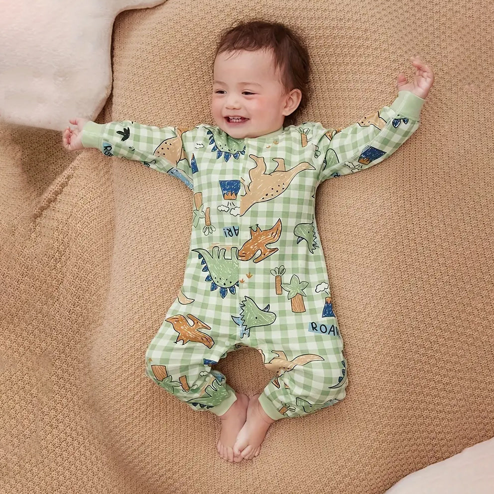2PCS Stylish Dinosaur Plaid Printed Long Sleeve Baby Jumpsuit