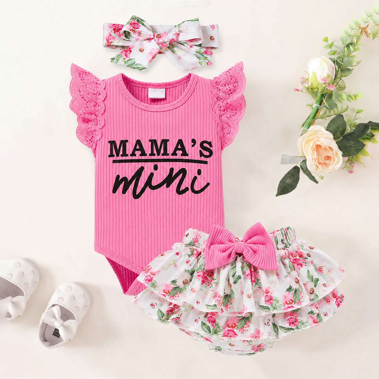 3PCS Mama's Mini Letter Floral Printed Flounce Sleeve Baby Set