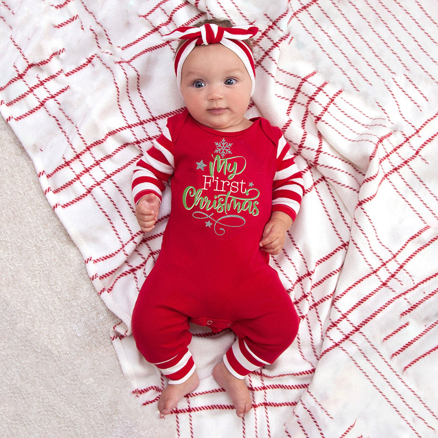 2PCS My First Christmas Letter Stripe Printed Long Sleeve Baby Jumpsuit