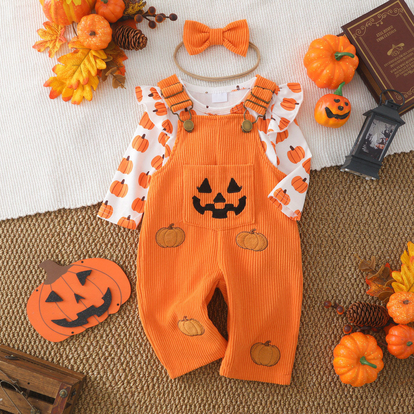 3PCS Halloween Ghost Pumpkin Print Corduroy Overalls Baby Set