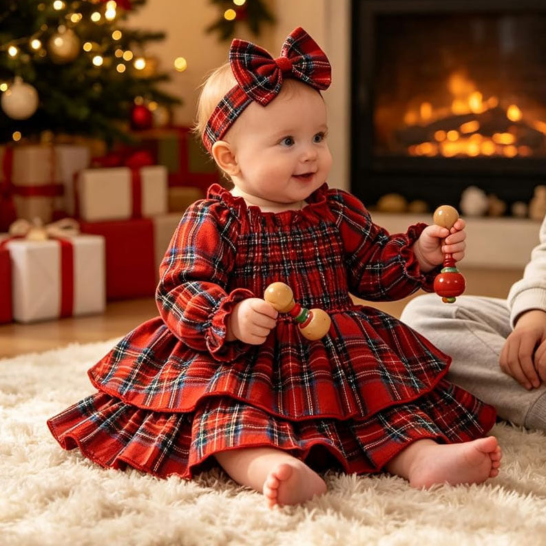 2PCS Festive Retro Plaid Printed Long Sleeve Baby Girl Romper