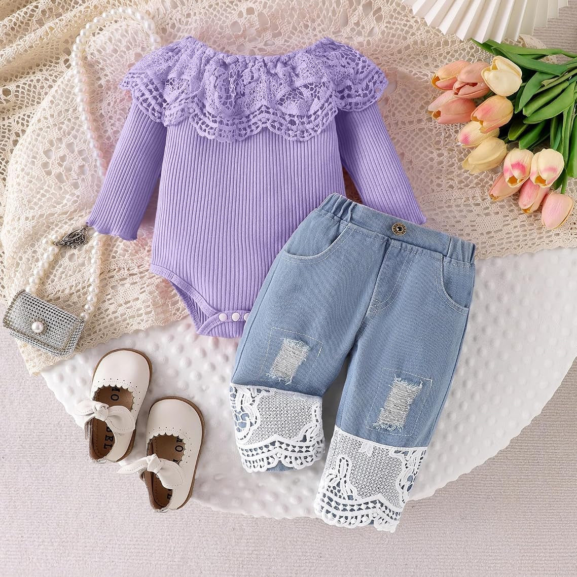 2PCS Charming Baby Girl Lace Eyelet Long Sleeve Denim Set