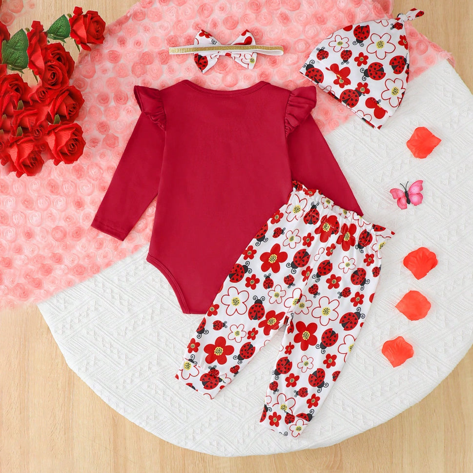 4PCS Miss Love Bug Letter Ladybug Floral Print Baby Set