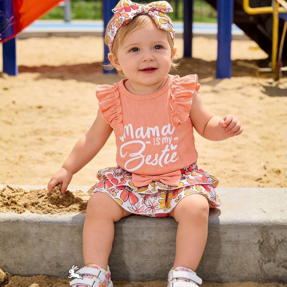3PCS Mama is My Bestie Letter Floral Printed Flounce Sleeve Baby Set
