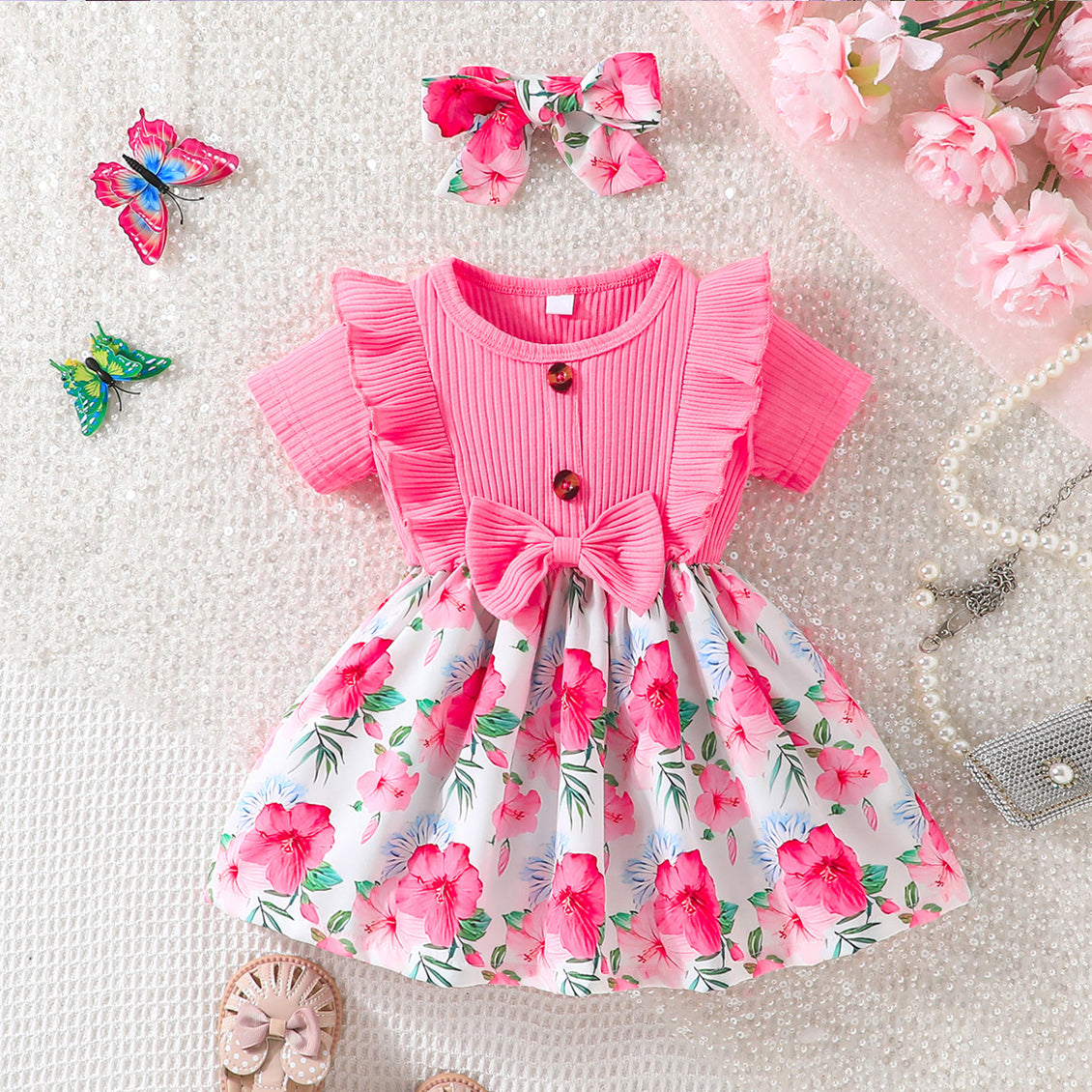 2PCS Country Style Floral Printed Bow Decoration Short Sleeve Baby Dress