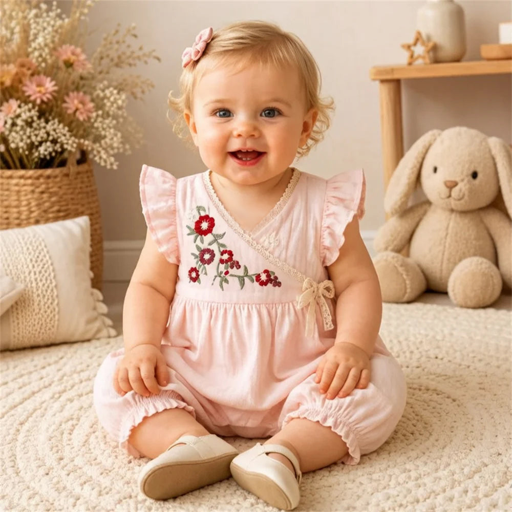 Cheerful Floral Embroidery Flutter Sleeve Baby Jumpsuit