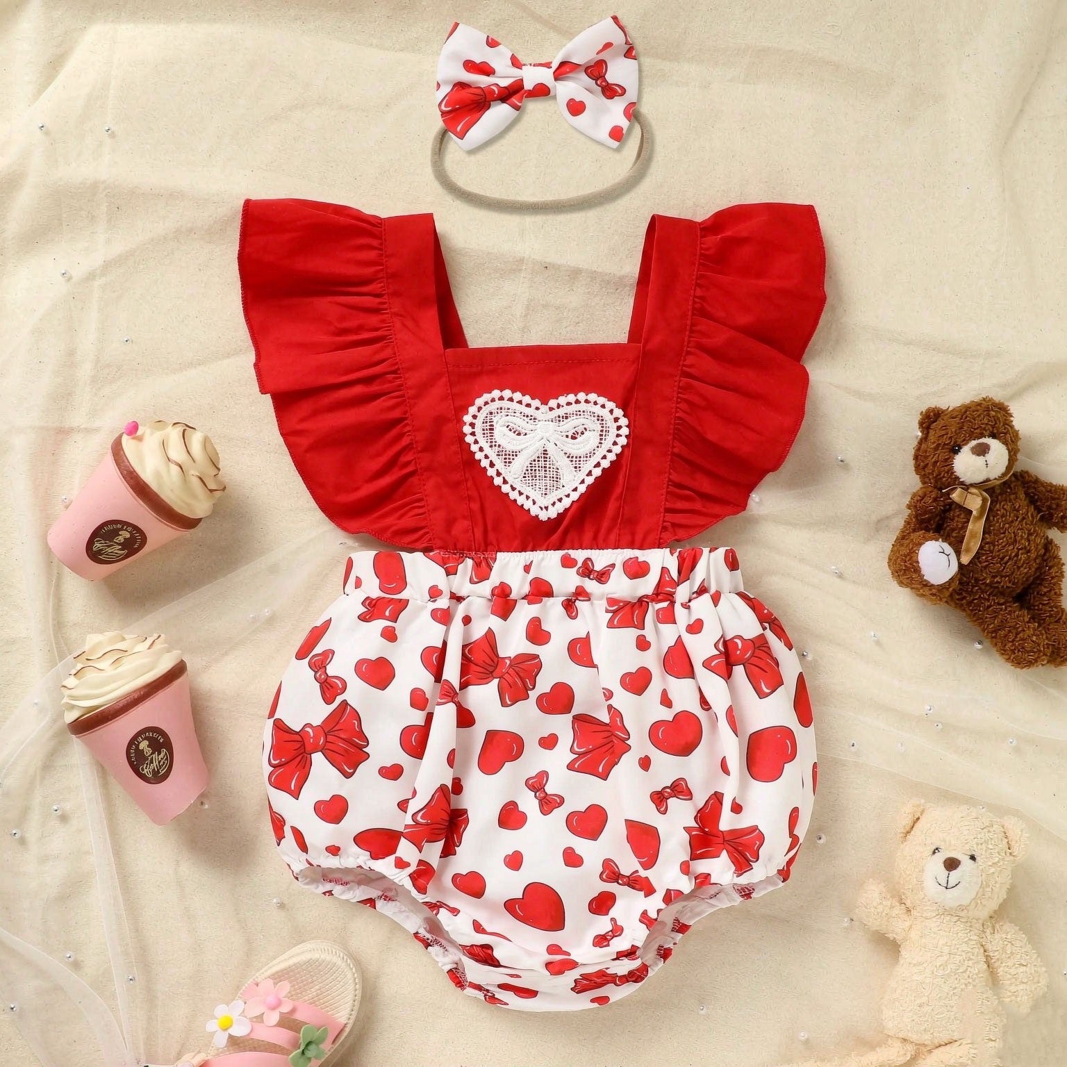 2PCS Lovely Bow and Heart Printed Flutter Sleeve Baby Romper