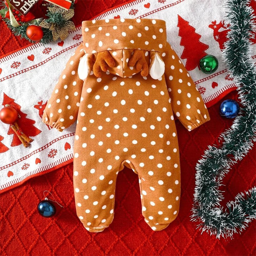 Polka Dots Deer Ears Long Sleeve Zipper Hooded Plush Baby Jumpsuit