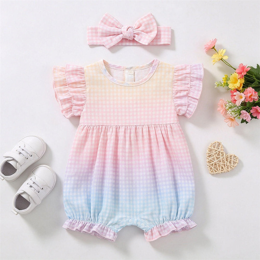 2PCS Cute Plaid Printed Short Sleeve Ruffle Baby Jumpsuit