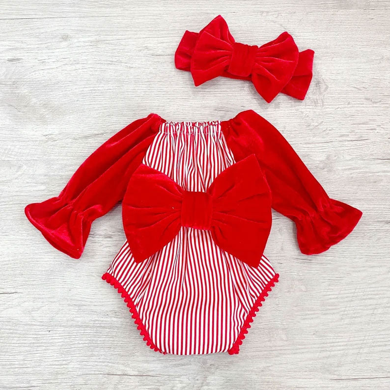 2PCS Chic Red Velvet Stripe Printed Bow Long Sleeve Baby Romper