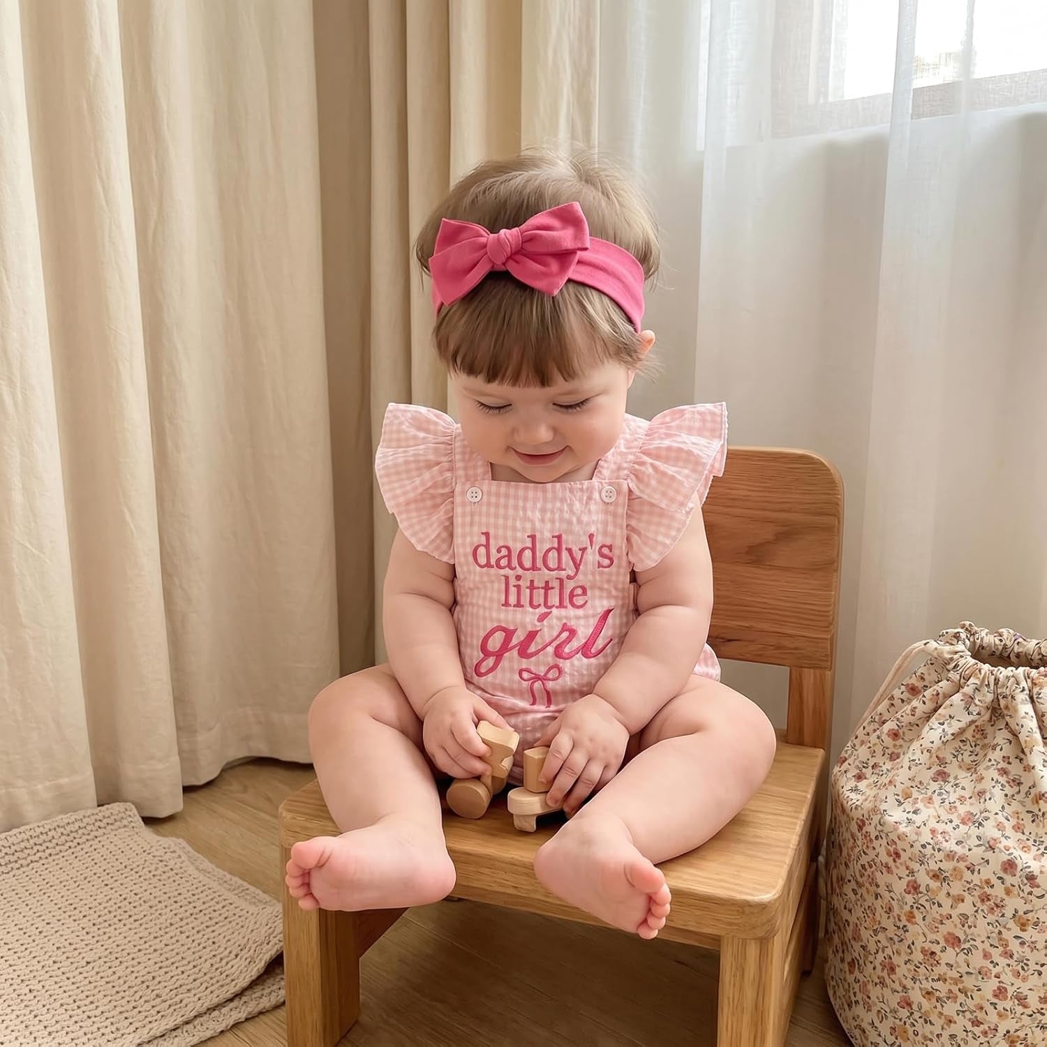 2PCS Daddy's Little Girl Letter Plaid Printed Flounce Sleeve Baby Romper