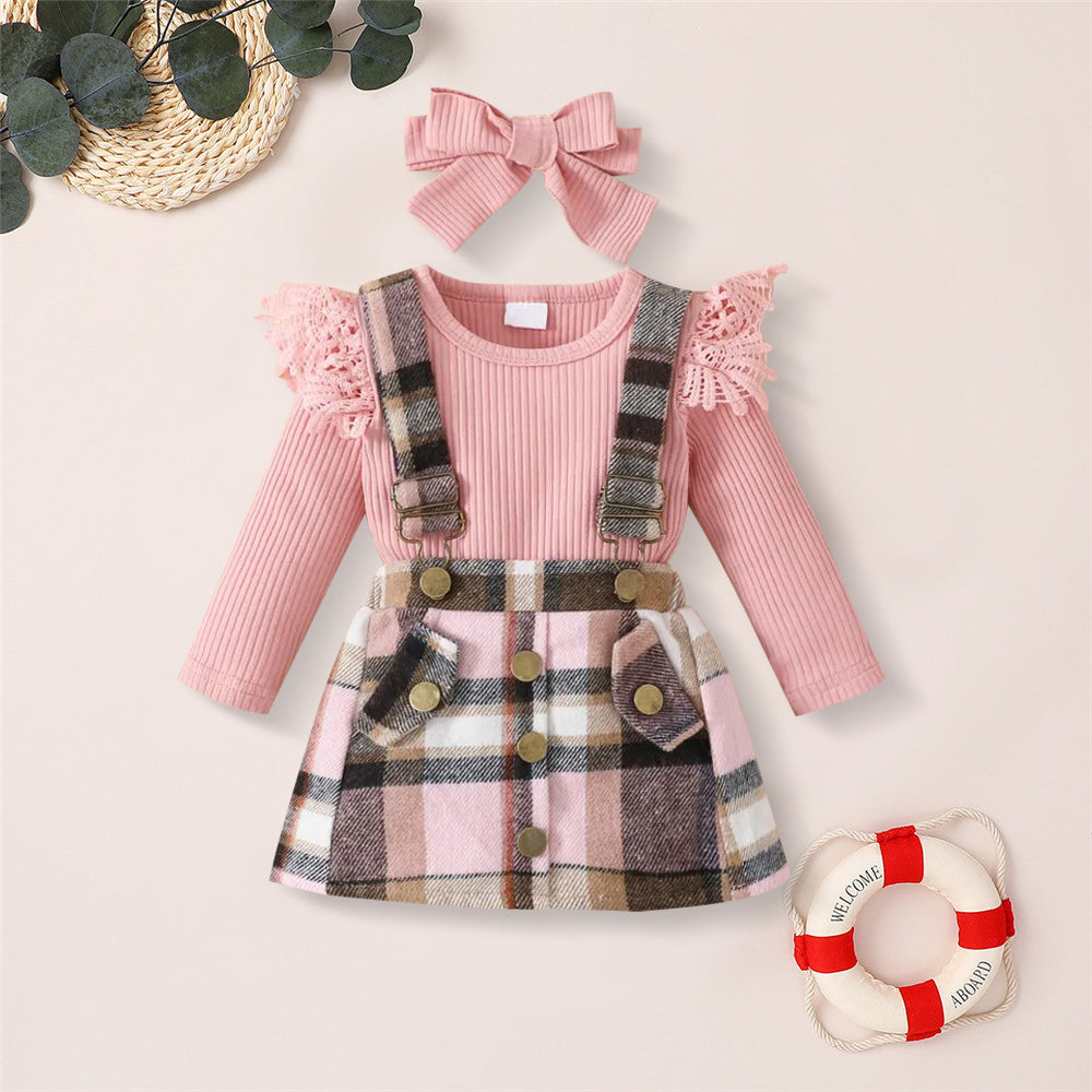 3PCS Sweet Solid Color Ruffle Decor Plaid Printed Baby Set