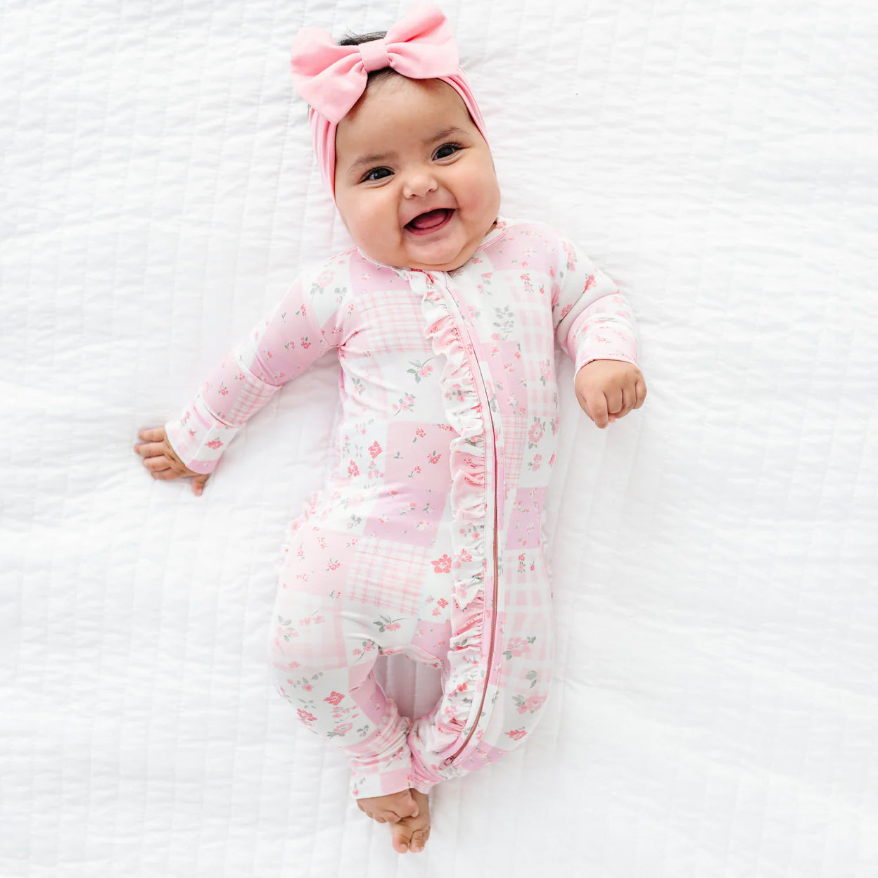 Pink Patchwork Floral Print Ruffle Zipper Long Sleeve Baby Jumpsuit