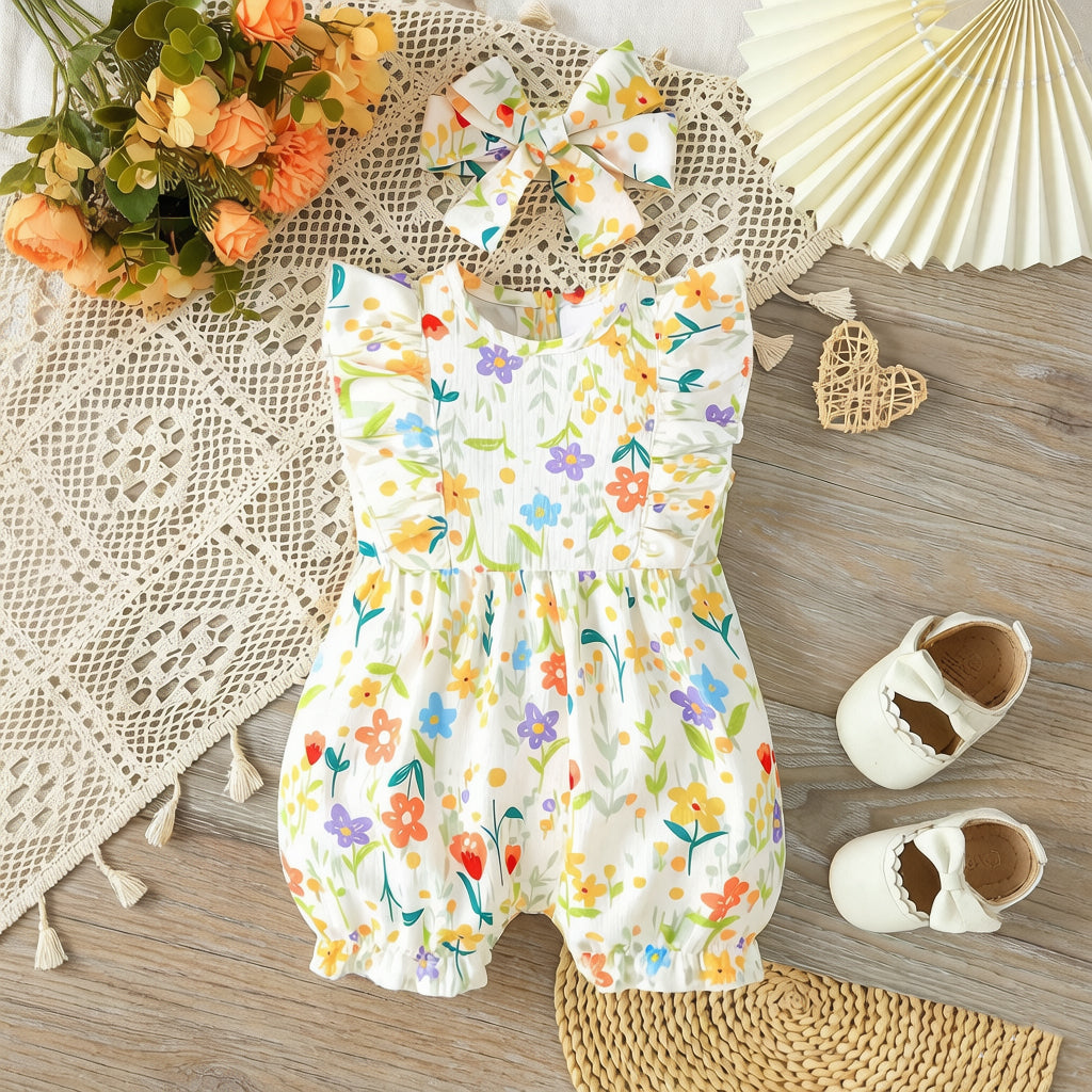 2PCS Quirky Floral Print Flutter Sleeve Baby Jumpsuit