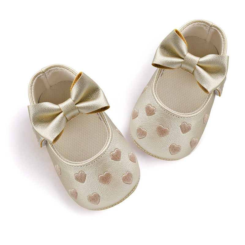 Embroidered Heart Bow Soft Sole Baby Prewalker Shoes