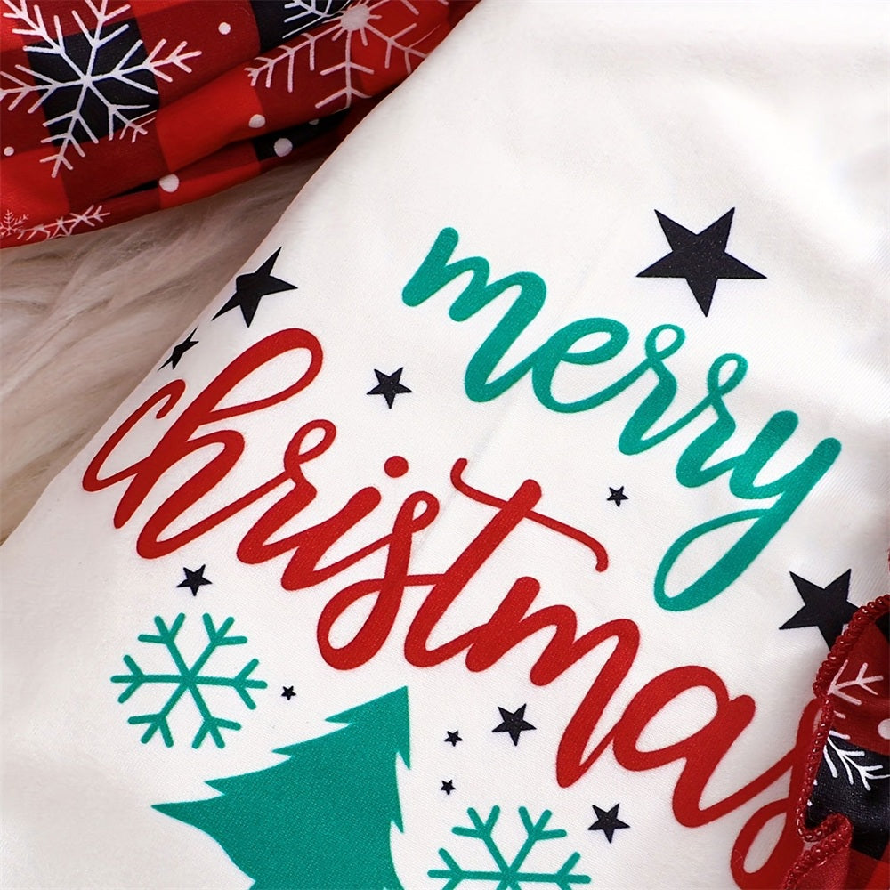 3PCS Merry Christmas Letter Snow Plaid Printed Baby Jumpsuit