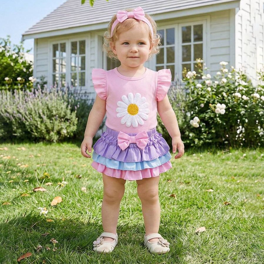 3PCS Sweet Daisy Appliqué Flutter Sleeve Baby Girl Set