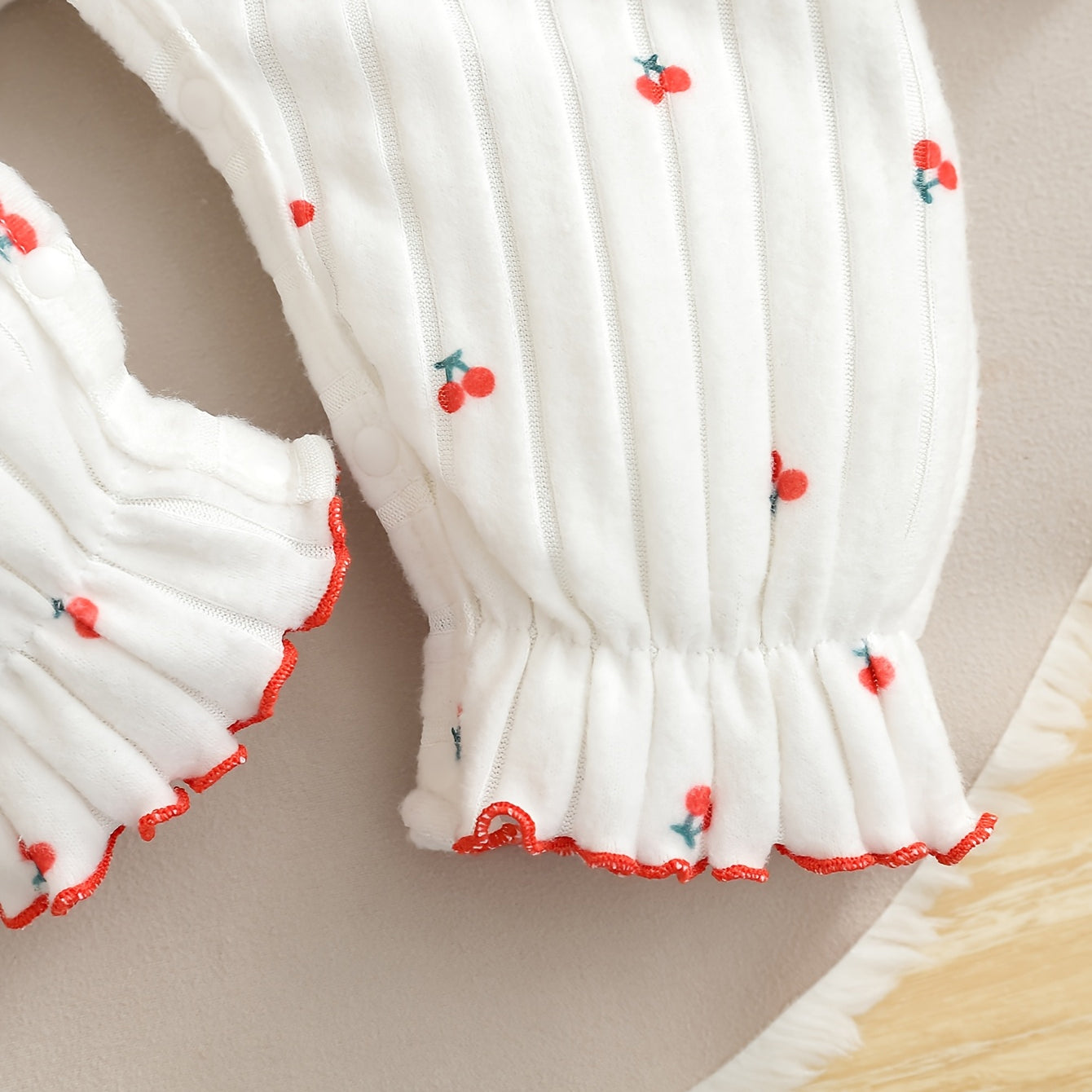 Comfy Cherry Printed Ruffle Trim Long Sleeve Baby Jumpsuit