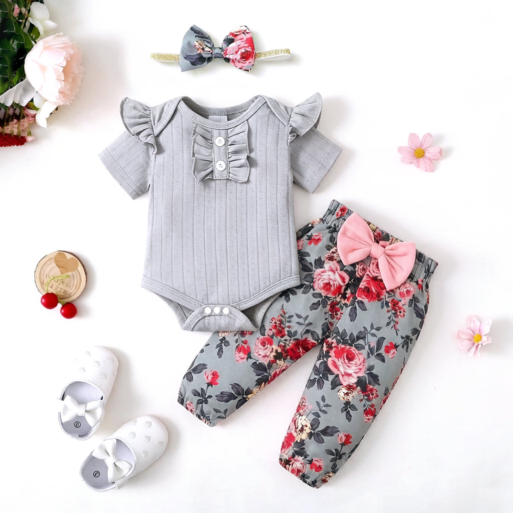 3PCS Charming Floral Print Bow Short Sleeve Baby Set