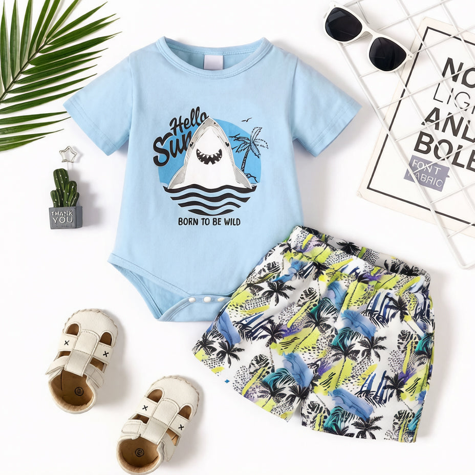 2PCS Stylish Shark Coconut Tree Printed Short Sleeve Baby Set