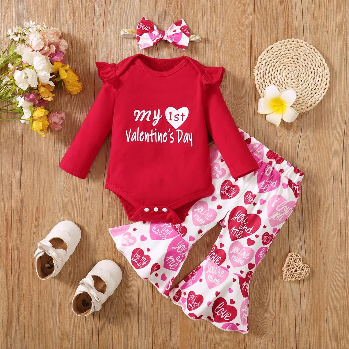 3PCS Classy My 1st Valentine's Day Letter Heart Print Baby Set