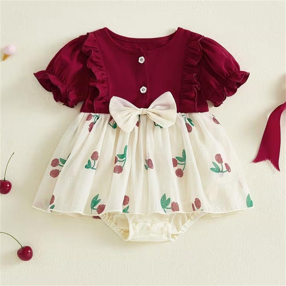 Casual Cherry Printed Bow Short Sleeve Baby Romper