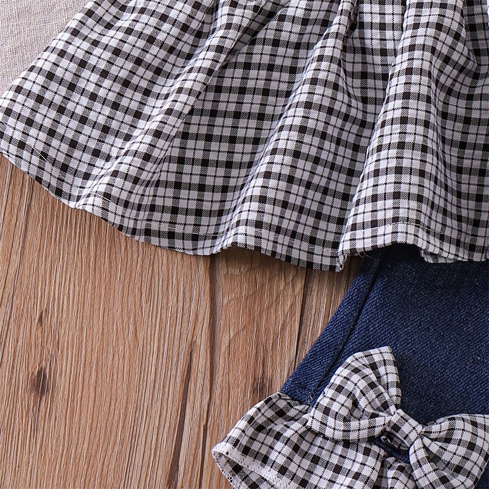 2PCS Sweet Cherry Embroidery Plaid Print Denim Baby Set