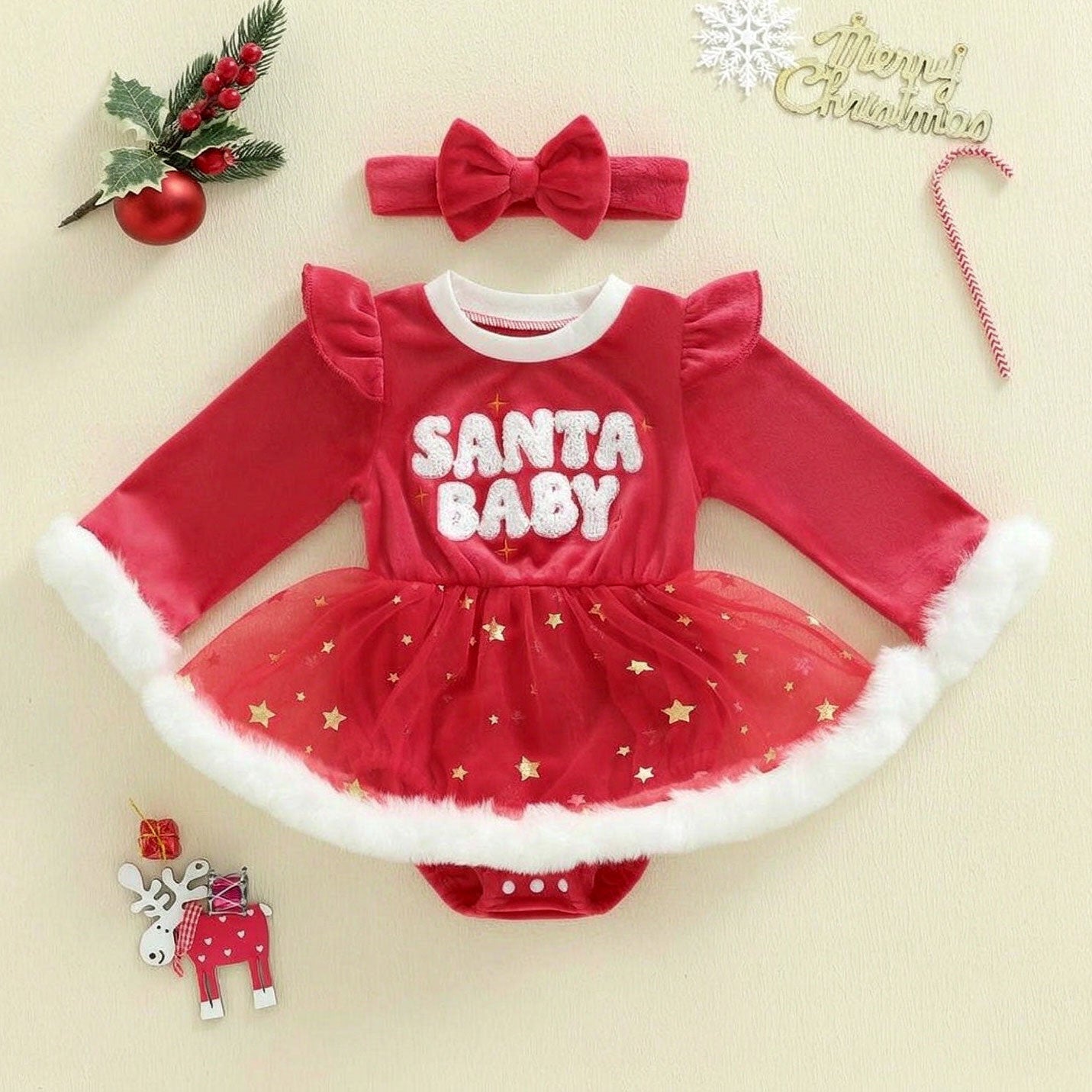2PCS Christmas Star Print Velvet Fuzzy Baby Romper