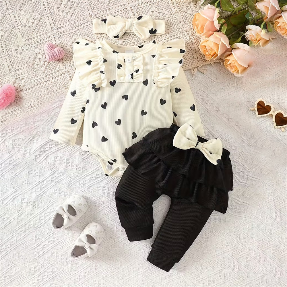 3PCS Comfy Cute Heart Printed Long Sleeve Baby Set