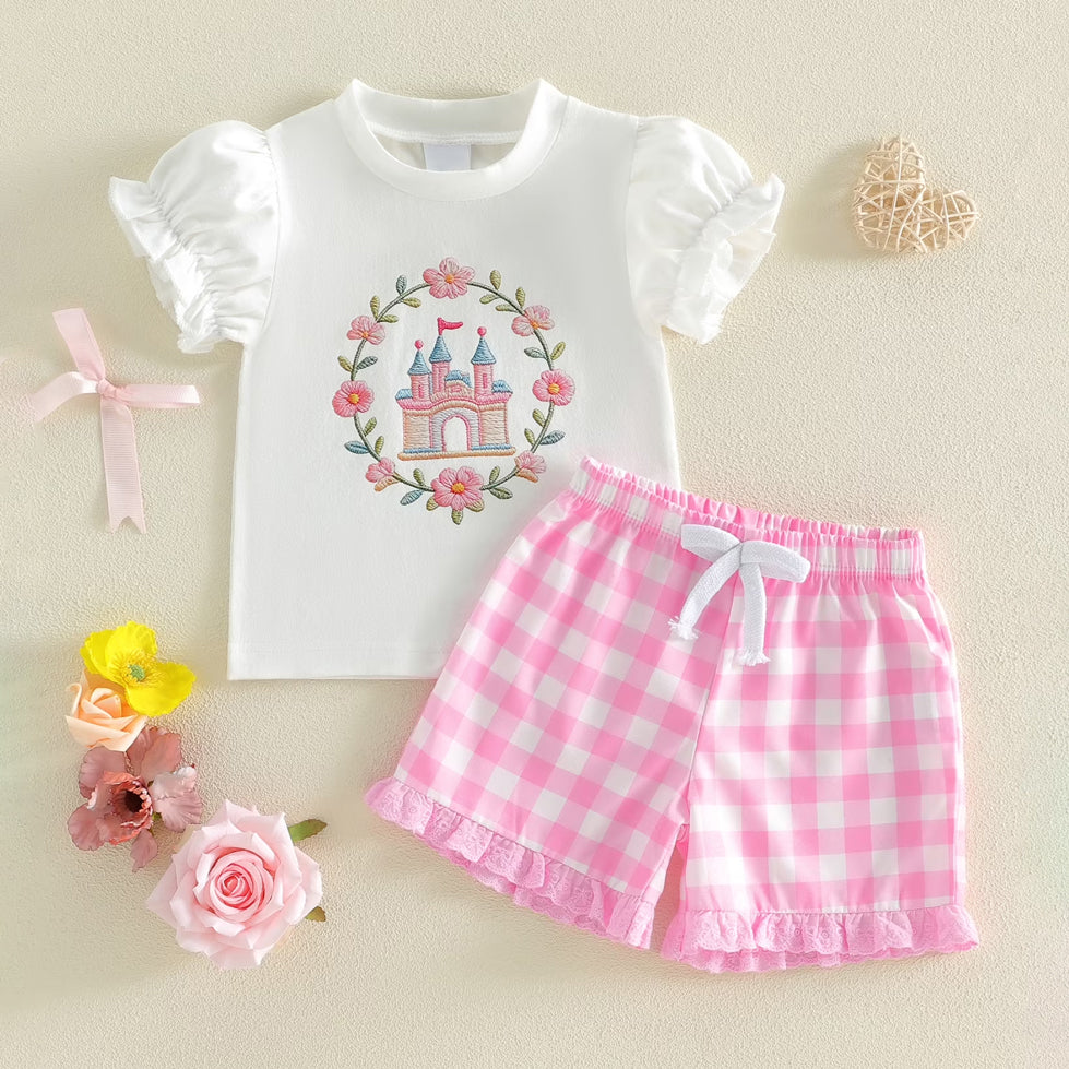 2PCS Dreamy Castle & Floral Embroidery Plaid Printed Baby Set