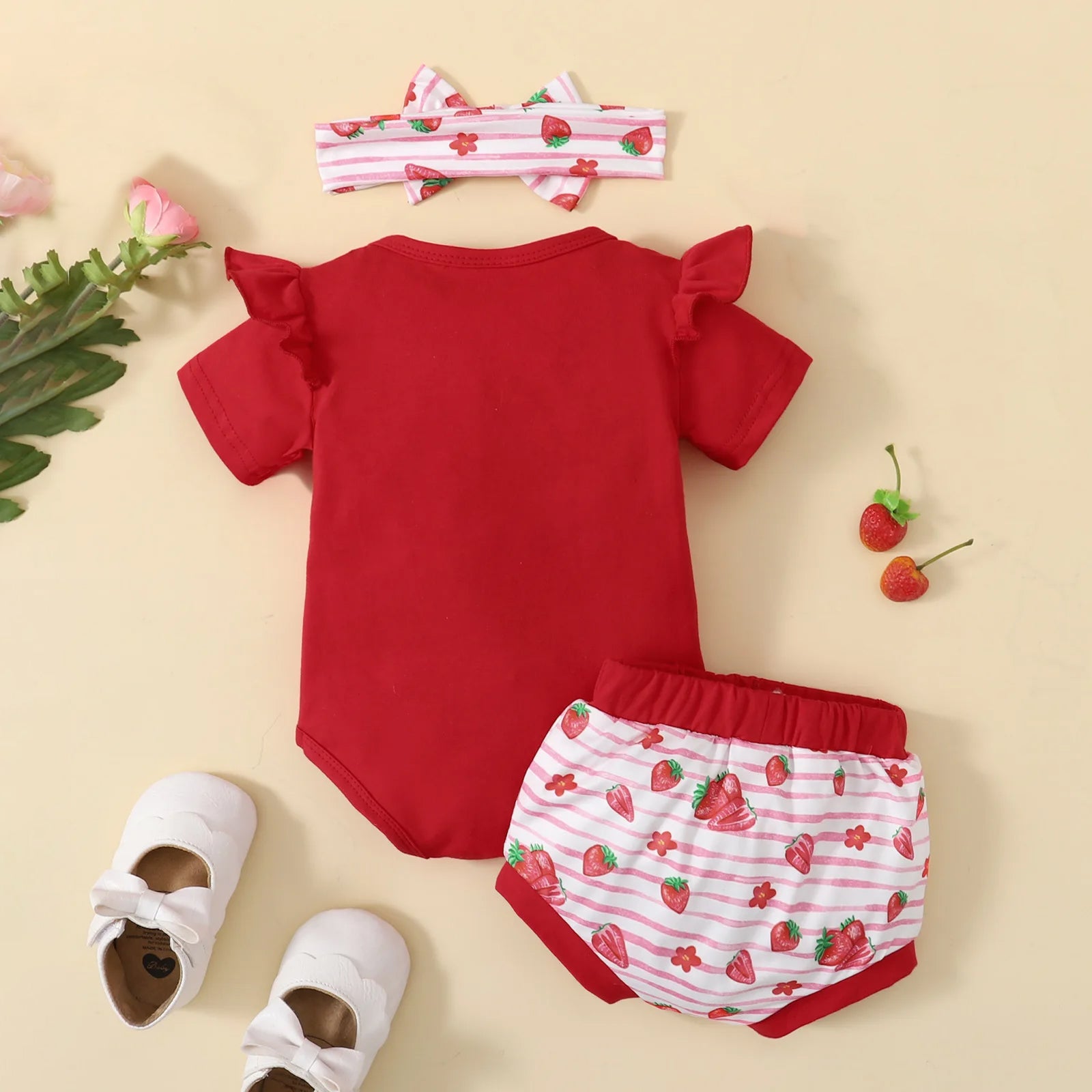 3PCS Mommy's Little Girl Letter Strawberry Stripe Print Baby Set