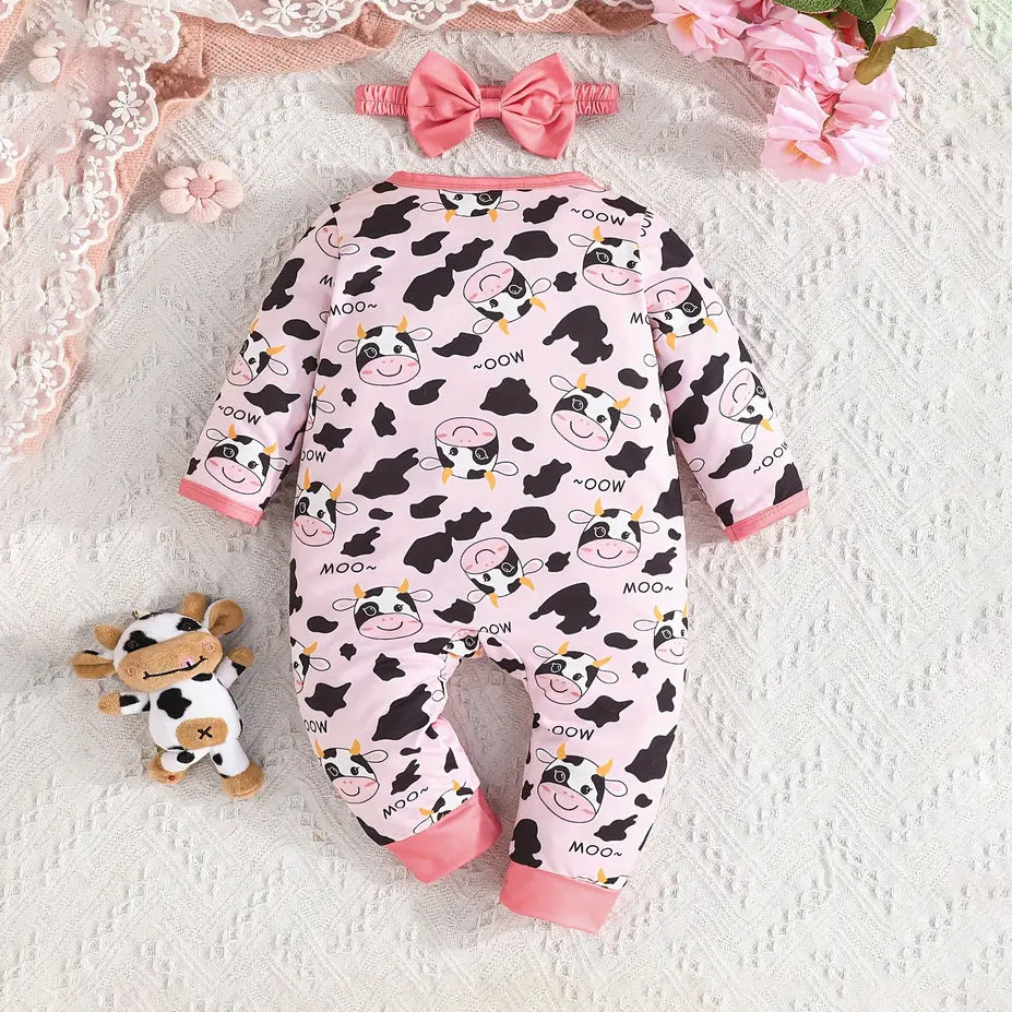 2PCS I'm Cute Letter Cow Printed Long Sleeve Baby Jumpsuit